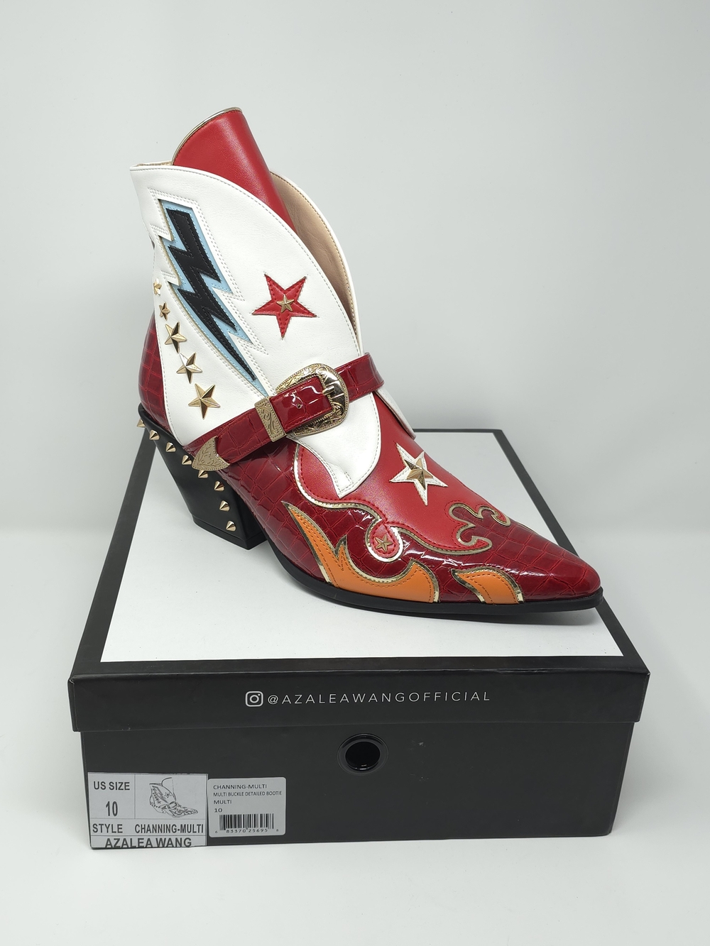 Azalea Wang Red & White Western Ankle Boot with Star and Lightning Accents